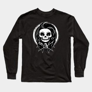 Female Knitter Skull and Knitting Needles White Logo Long Sleeve T-Shirt